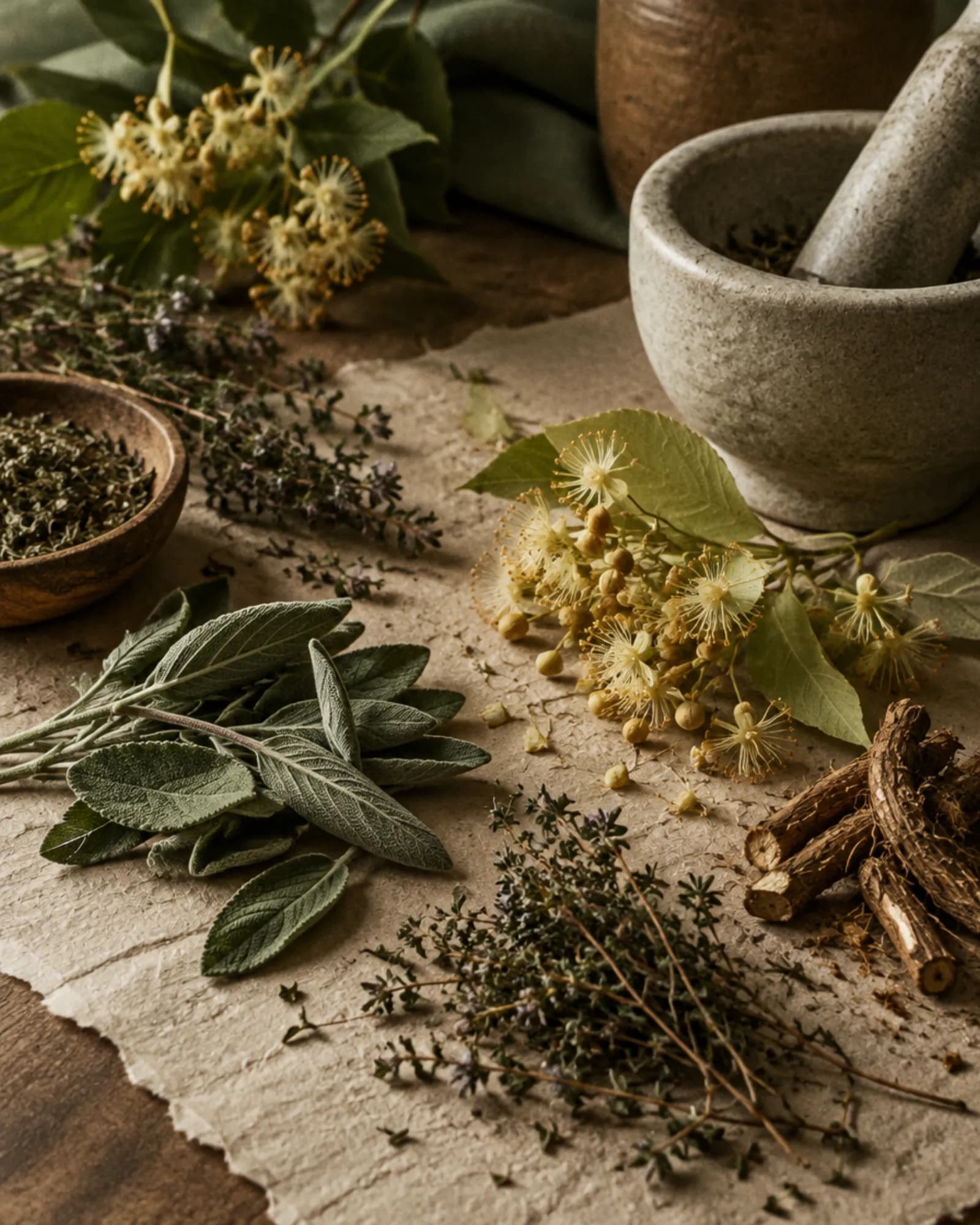 Kurutulmuş şifalı bitkiler ve taş havan